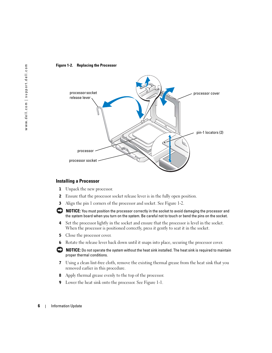 Installing a processor | Dell PowerEdge 800 User Manual | Page 8 / 58