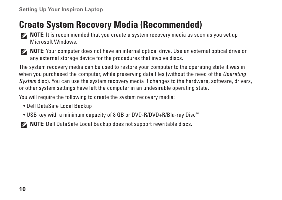 Create system recovery media (recommended), Create system recovery media, Recommended) | Dell Inspiron 11z (1121, Late 2010) User Manual | Page 12 / 86