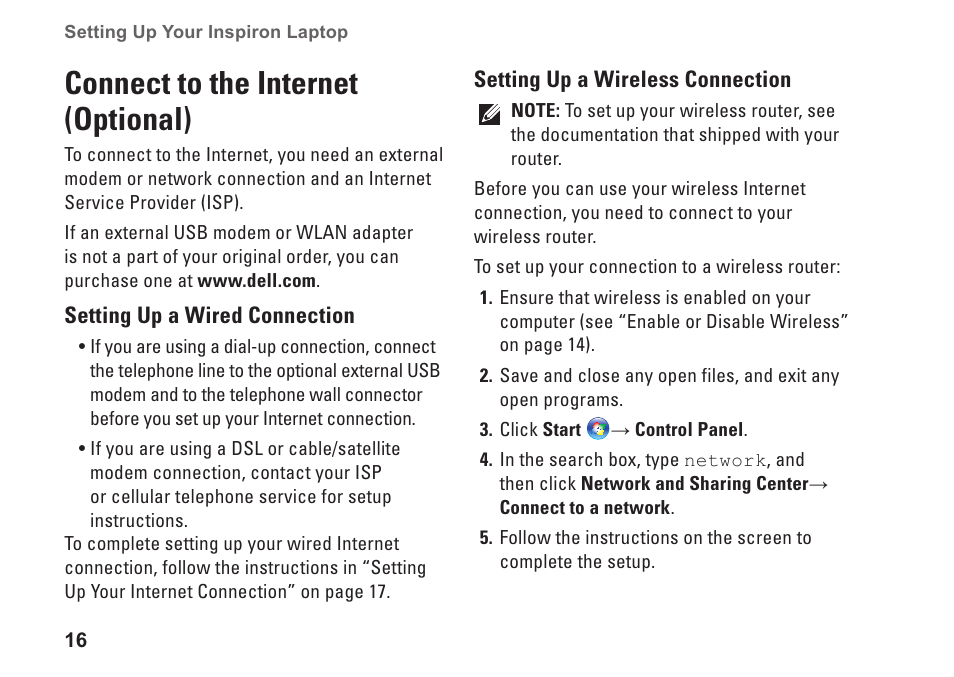 Connect to the internet (optional) | Dell Inspiron 11z (1121, Late 2010) User Manual | Page 18 / 86