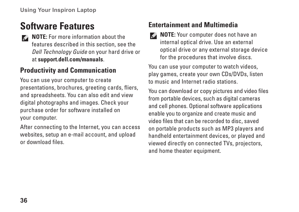 Software features | Dell Inspiron 11z (1121, Late 2010) User Manual | Page 38 / 86