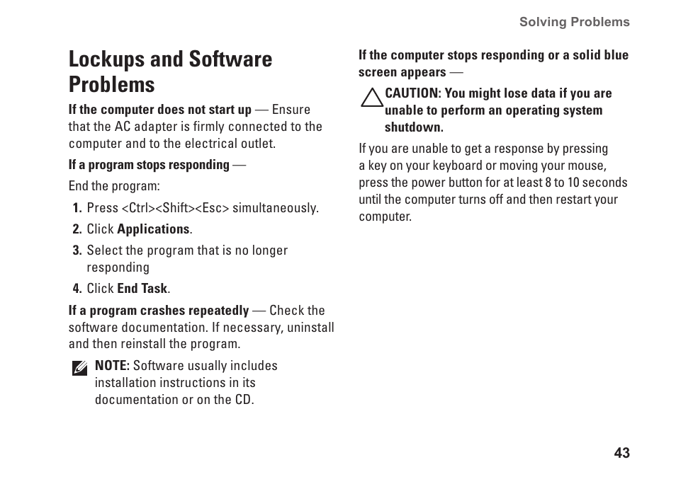 Lockups and software problems | Dell Inspiron 11z (1121, Late 2010) User Manual | Page 45 / 86
