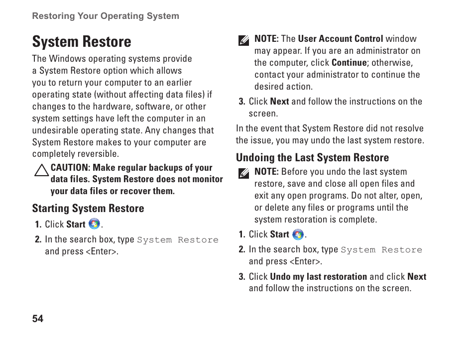 System restore | Dell Inspiron 11z (1121, Late 2010) User Manual | Page 56 / 86