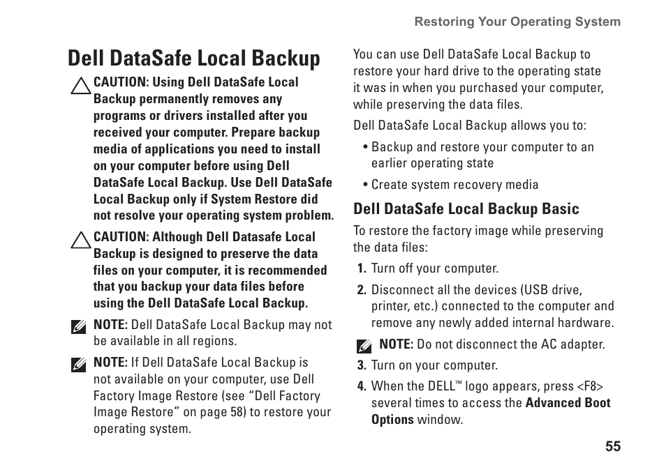 Dell datasafe local backup | Dell Inspiron 11z (1121, Late 2010) User Manual | Page 57 / 86