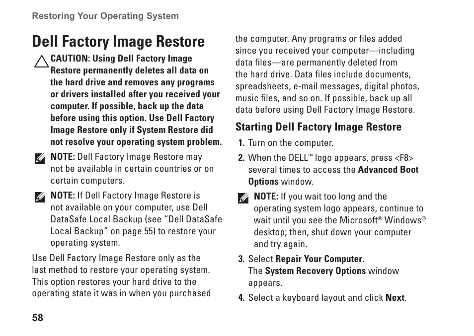 Dell factory image restore | Dell Inspiron 11z (1121, Late 2010) User Manual | Page 60 / 86