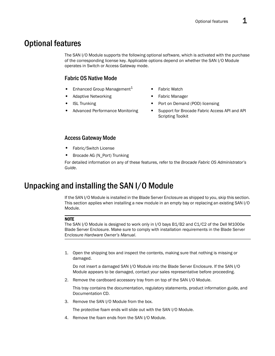 Optional features, Unpacking and installing the san i/o module, Fabric os native mode access gateway mode | Dell PowerEdge M600 User Manual | Page 17 / 48