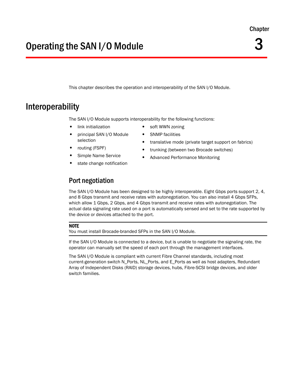 Operating the san i/o module, Interoperability, Port negotiation | Chapter 3, Chapter 3, “operating the san i/o module | Dell PowerEdge M600 User Manual | Page 29 / 48