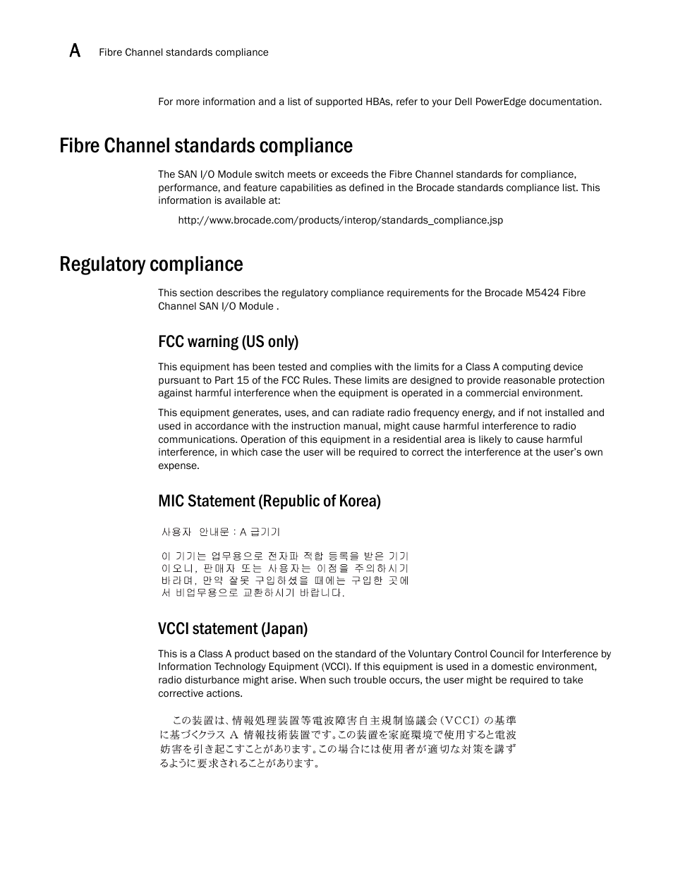 Fibre channel standards compliance, Regulatory compliance, Fcc warning (us only) | Mic statement (republic of korea), Vcci statement (japan) | Dell PowerEdge M600 User Manual | Page 38 / 48