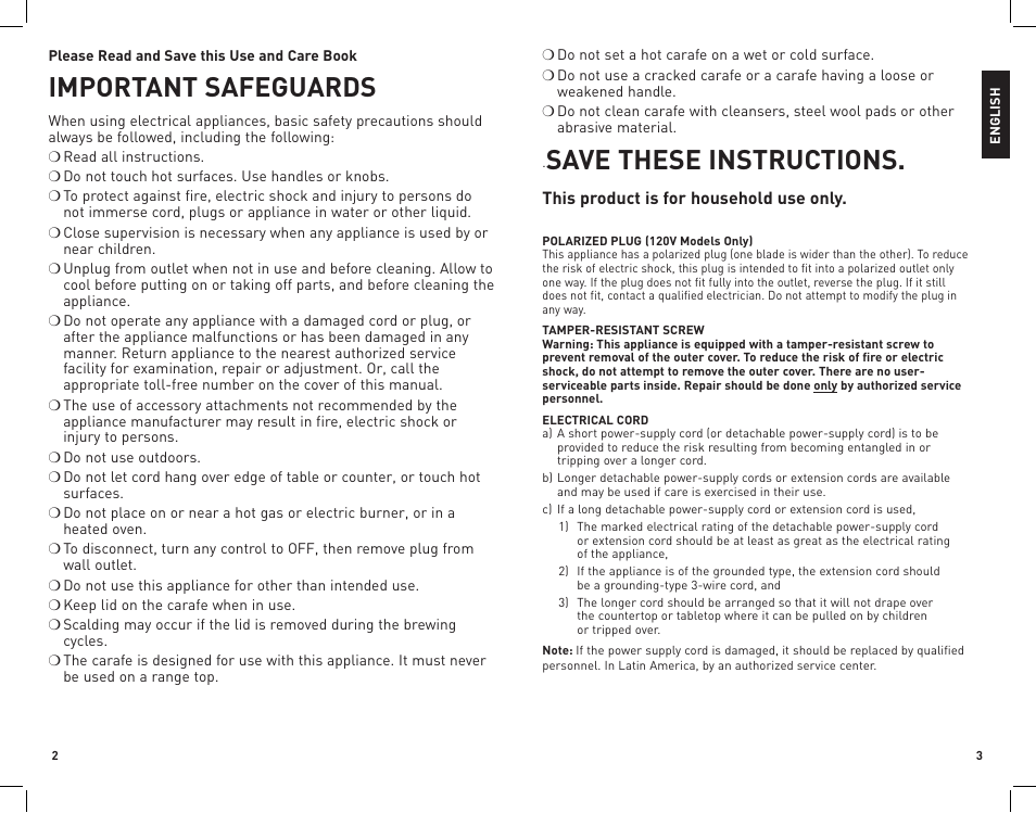 Important safeguards, Save these instructions | Black & Decker CM2070B User Manual | Page 2 / 15