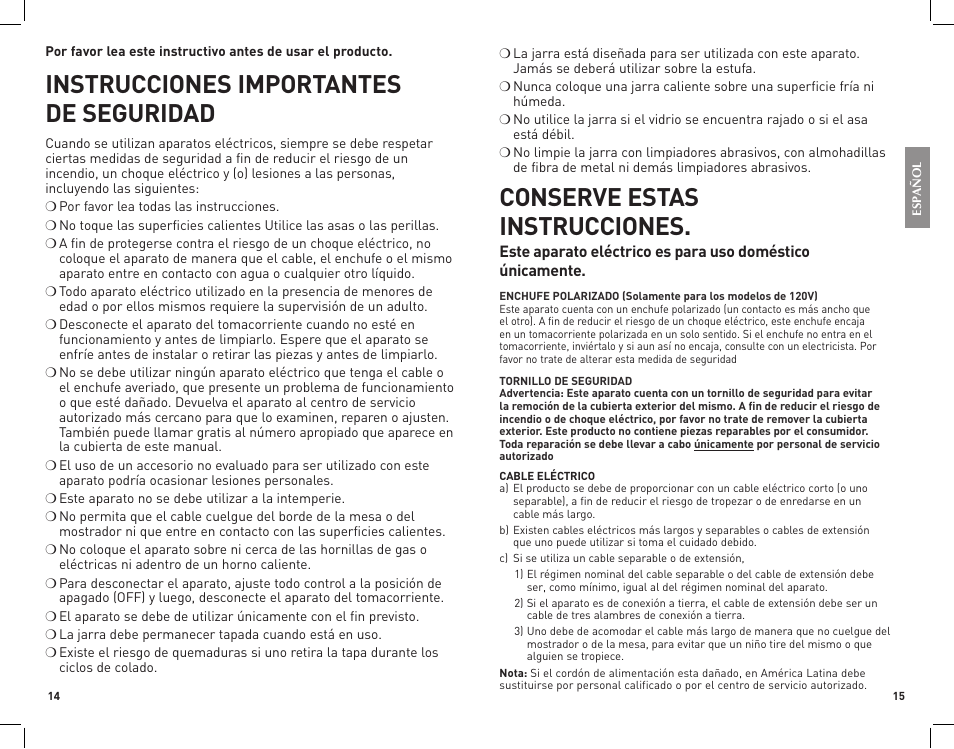 Instrucciones importantes de seguridad, Conserve estas instrucciones | Black & Decker CM2070B User Manual | Page 8 / 15