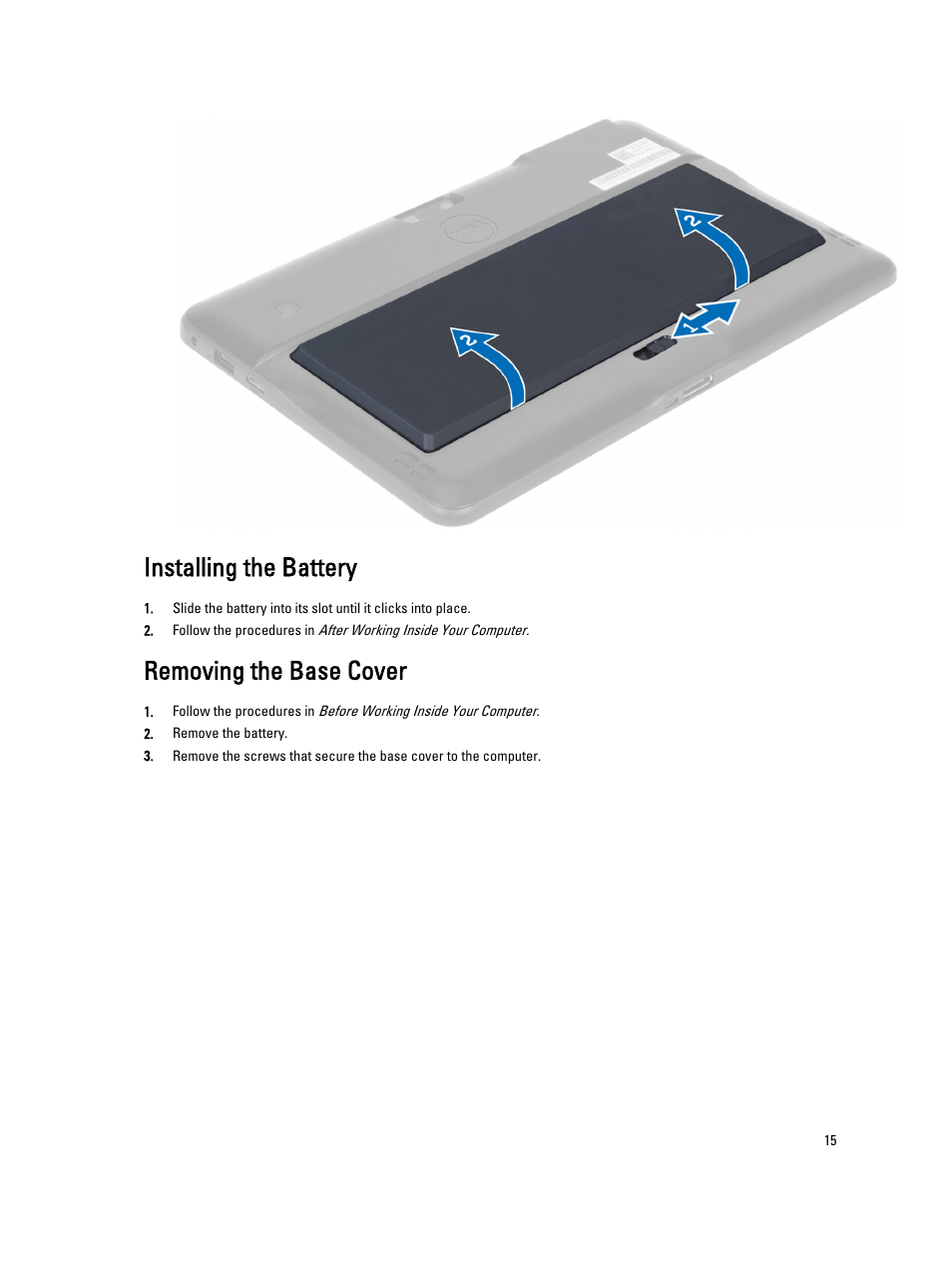 Installing the battery, Removing the base cover | Dell Latitude 10 (Late 2012) User Manual | Page 15 / 43