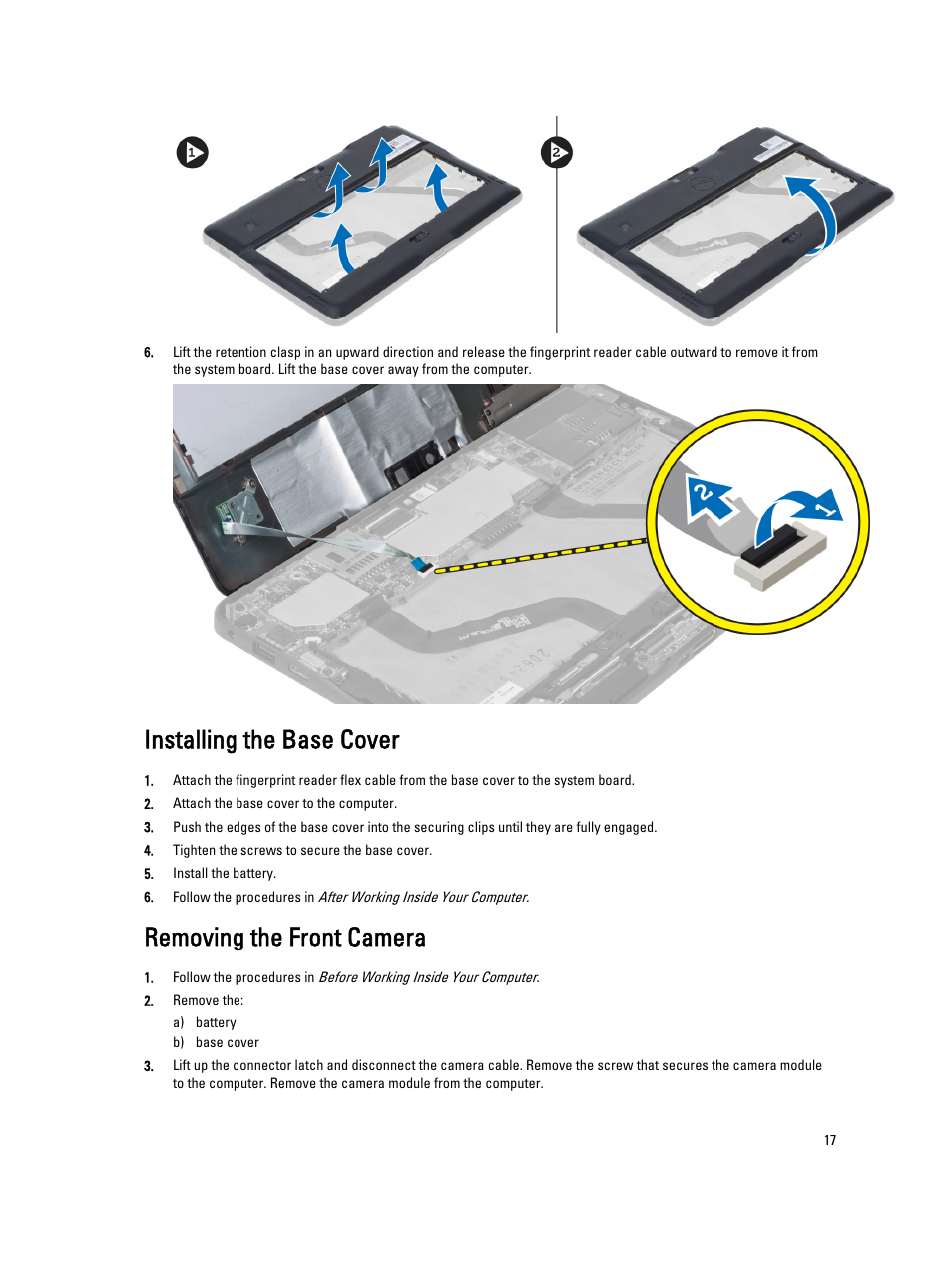 Installing the base cover, Removing the front camera | Dell Latitude 10 (Late 2012) User Manual | Page 17 / 43