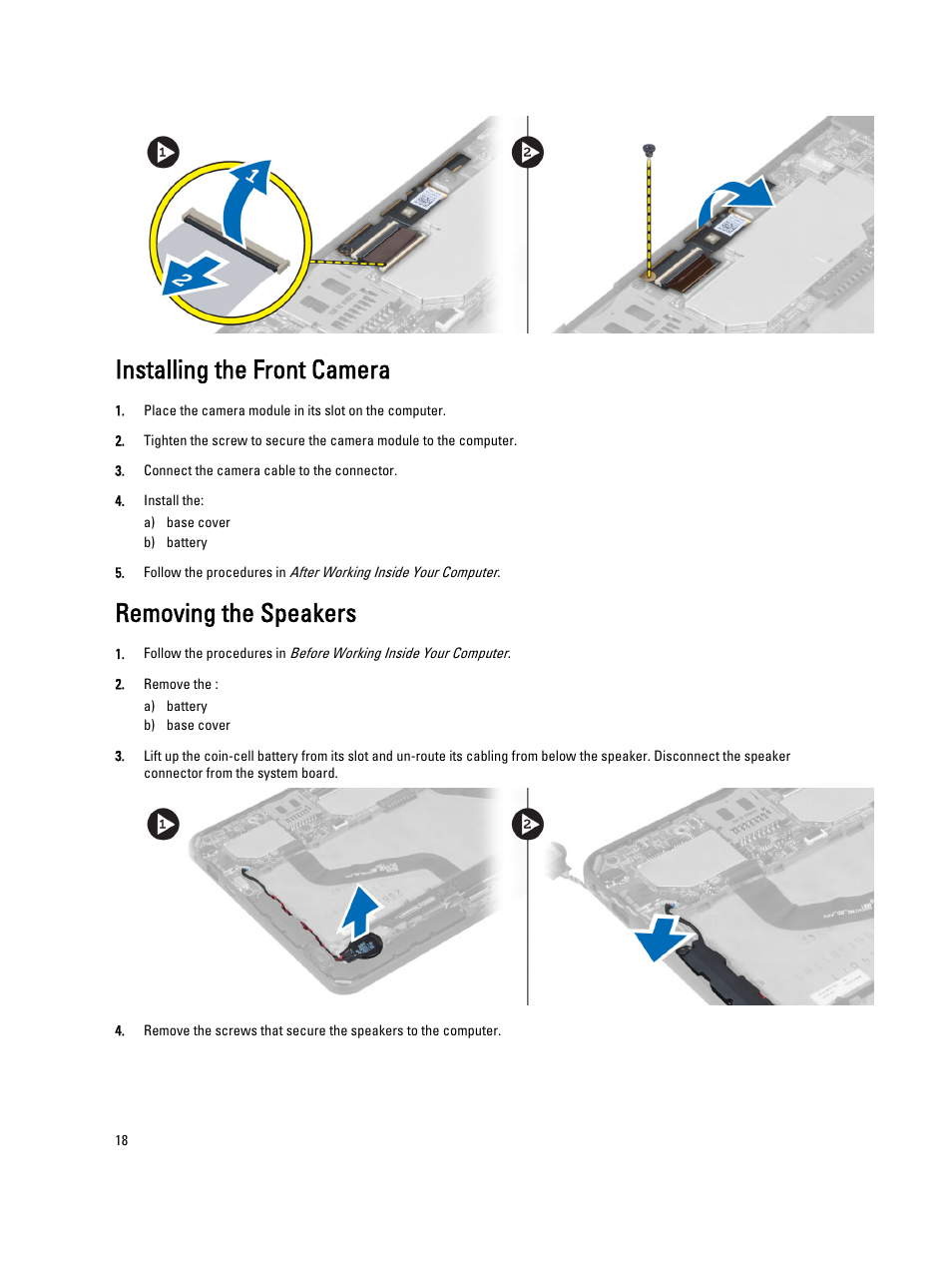 Installing the front camera, Removing the speakers | Dell Latitude 10 (Late 2012) User Manual | Page 18 / 43