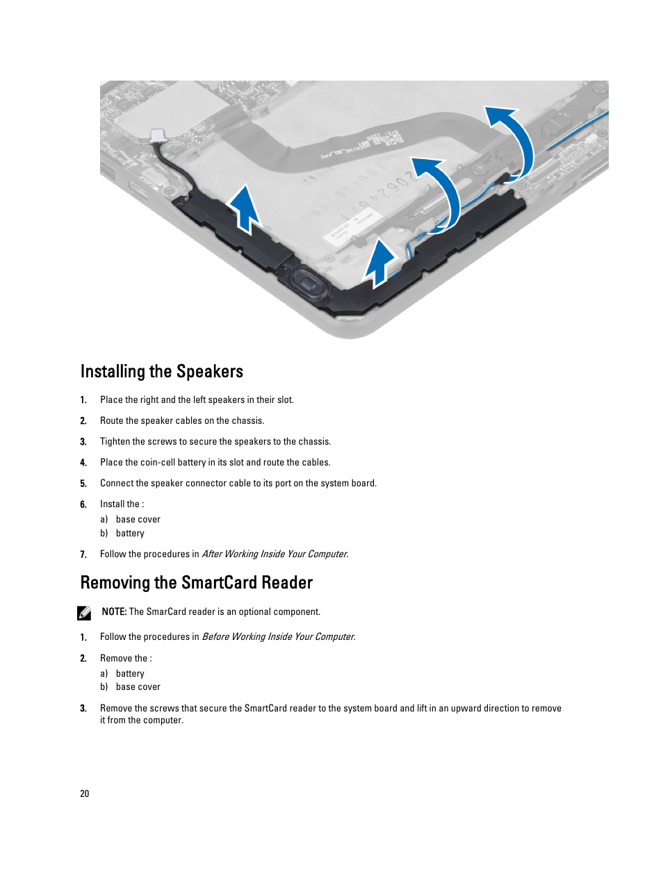 Installing the speakers, Removing the smartcard reader | Dell Latitude 10 (Late 2012) User Manual | Page 20 / 43