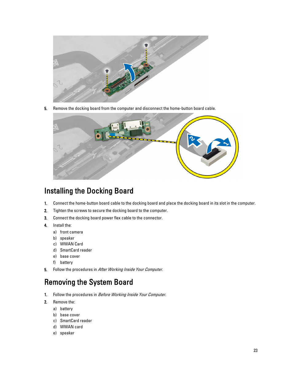 Installing the docking board, Removing the system board | Dell Latitude 10 (Late 2012) User Manual | Page 23 / 43