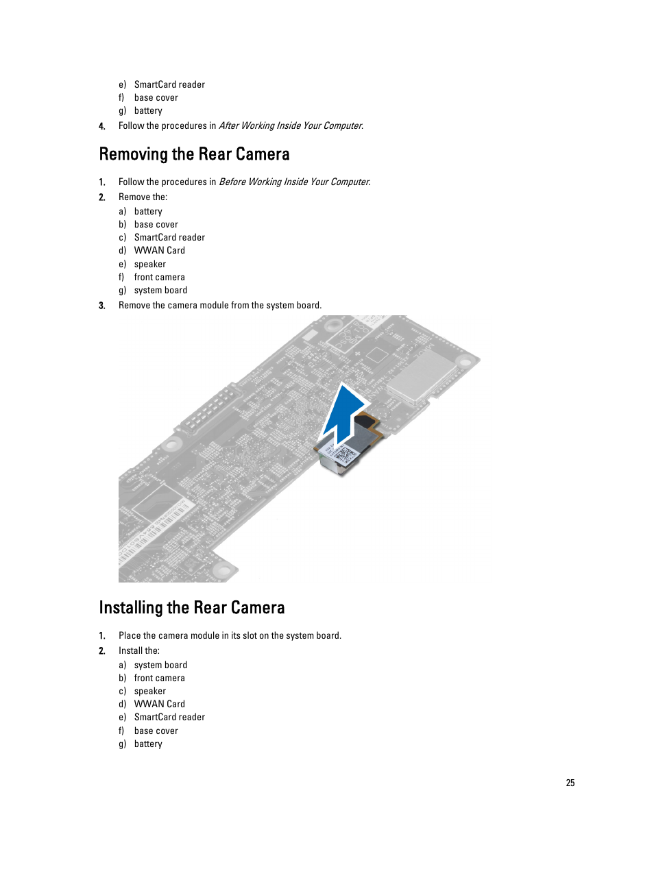 Removing the rear camera, Installing the rear camera | Dell Latitude 10 (Late 2012) User Manual | Page 25 / 43