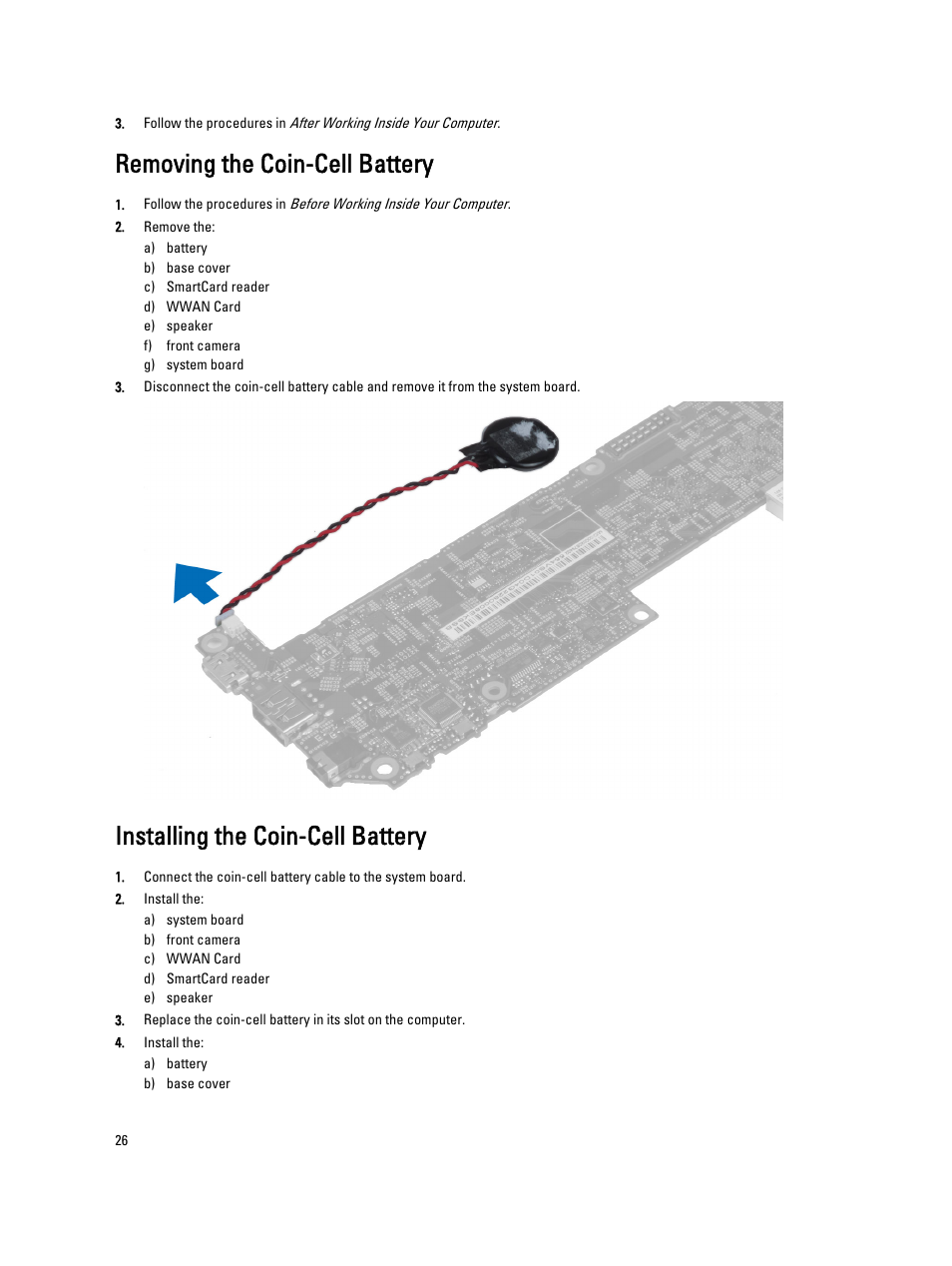 Removing the coin-cell battery, Installing the coin-cell battery | Dell Latitude 10 (Late 2012) User Manual | Page 26 / 43