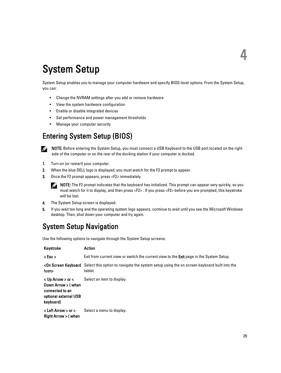 System setup, Entering system setup (bios), System setup navigation | 4 system setup | Dell Latitude 10 (Late 2012) User Manual | Page 29 / 43