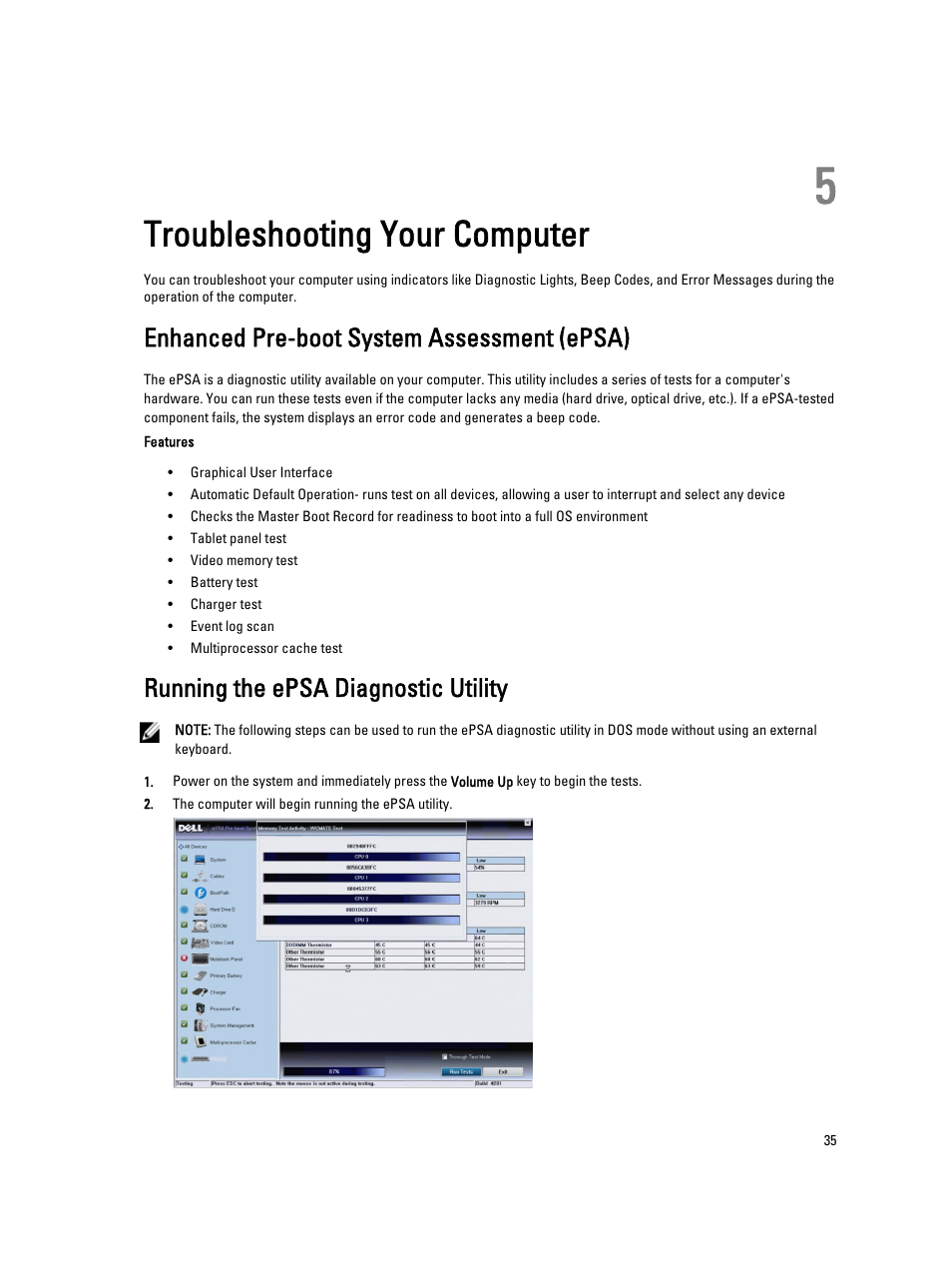 Troubleshooting your computer, Enhanced pre-boot system assessment (epsa), Running the epsa diagnostic utility | 5 troubleshooting your computer | Dell Latitude 10 (Late 2012) User Manual | Page 35 / 43