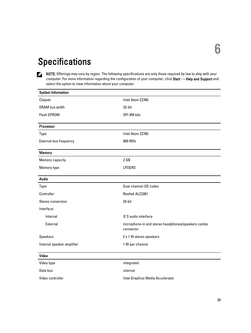 Specifications, 6 specifications | Dell Latitude 10 (Late 2012) User Manual | Page 39 / 43