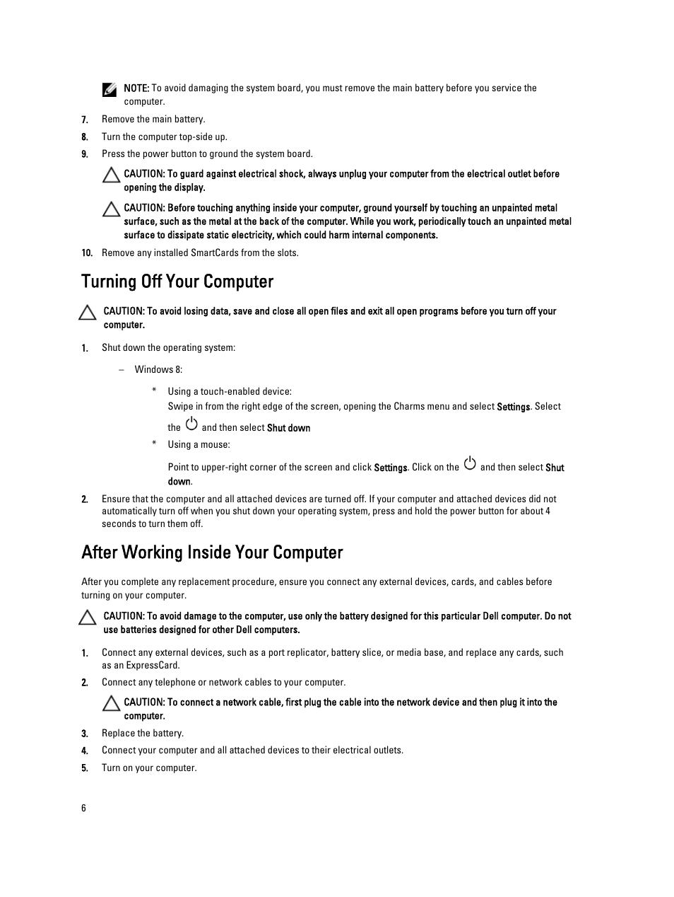 Turning off your computer, After working inside your computer | Dell Latitude 10 (Late 2012) User Manual | Page 6 / 43