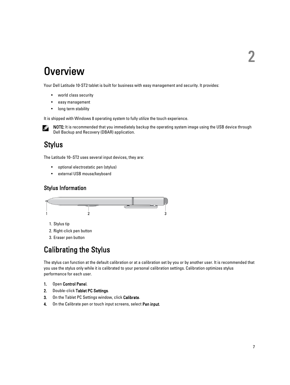 Overview, Stylus, Stylus information | Calibrating the stylus, 2 overview | Dell Latitude 10 (Late 2012) User Manual | Page 7 / 43