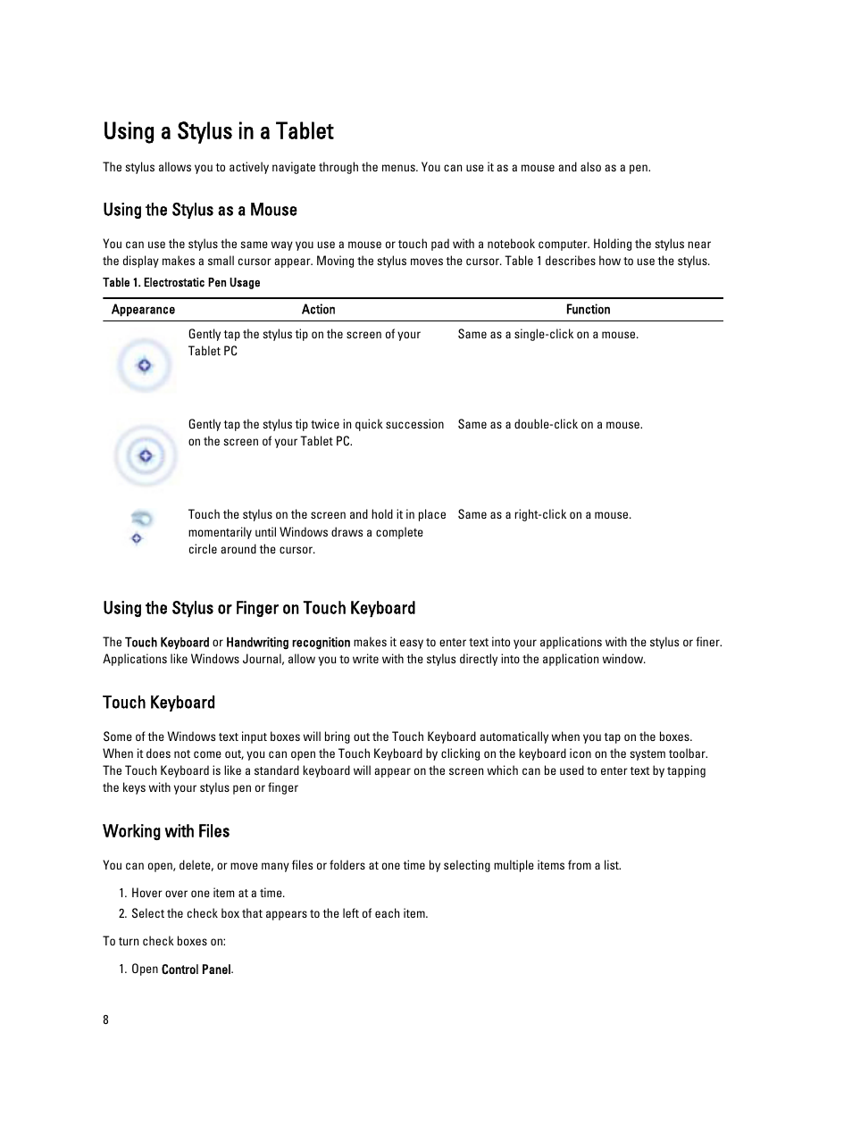 Using a stylus in a tablet, Using the stylus as a mouse, Using the stylus or finger on touch keyboard | Touch keyboard, Working with files | Dell Latitude 10 (Late 2012) User Manual | Page 8 / 43