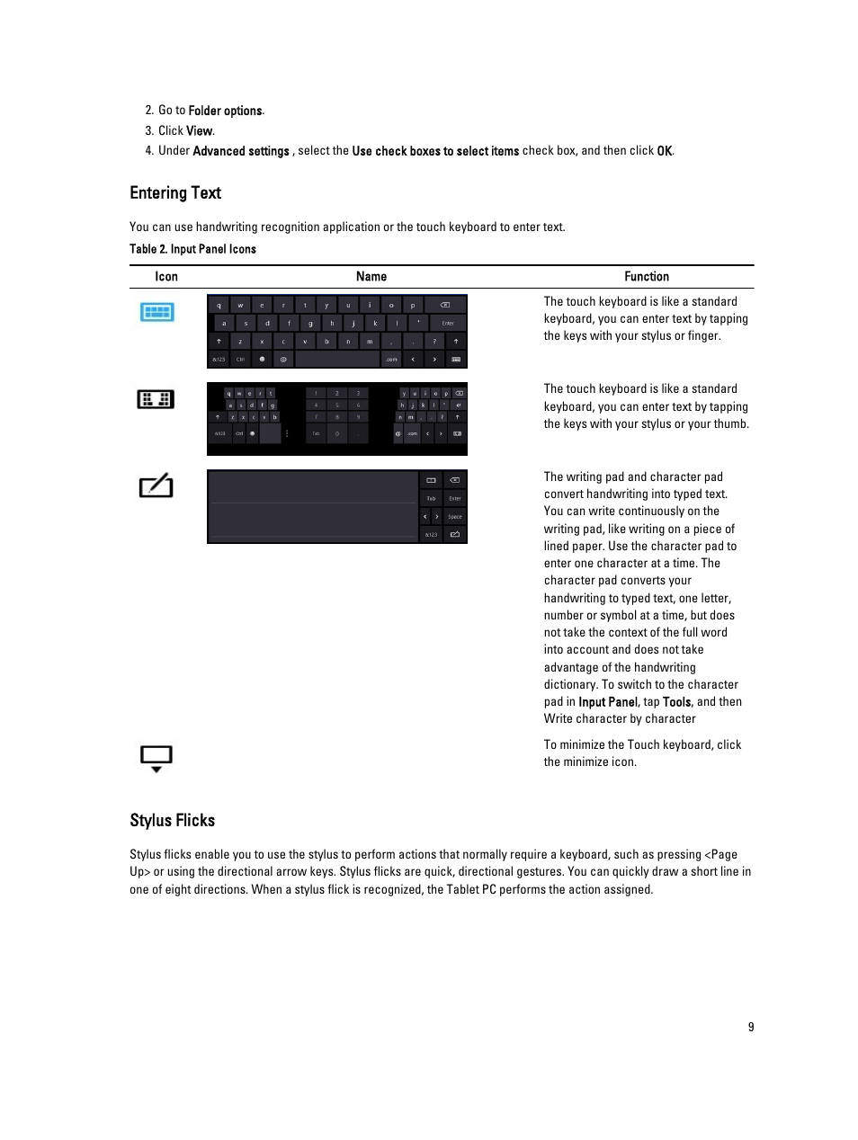 Entering text, Stylus flicks | Dell Latitude 10 (Late 2012) User Manual | Page 9 / 43