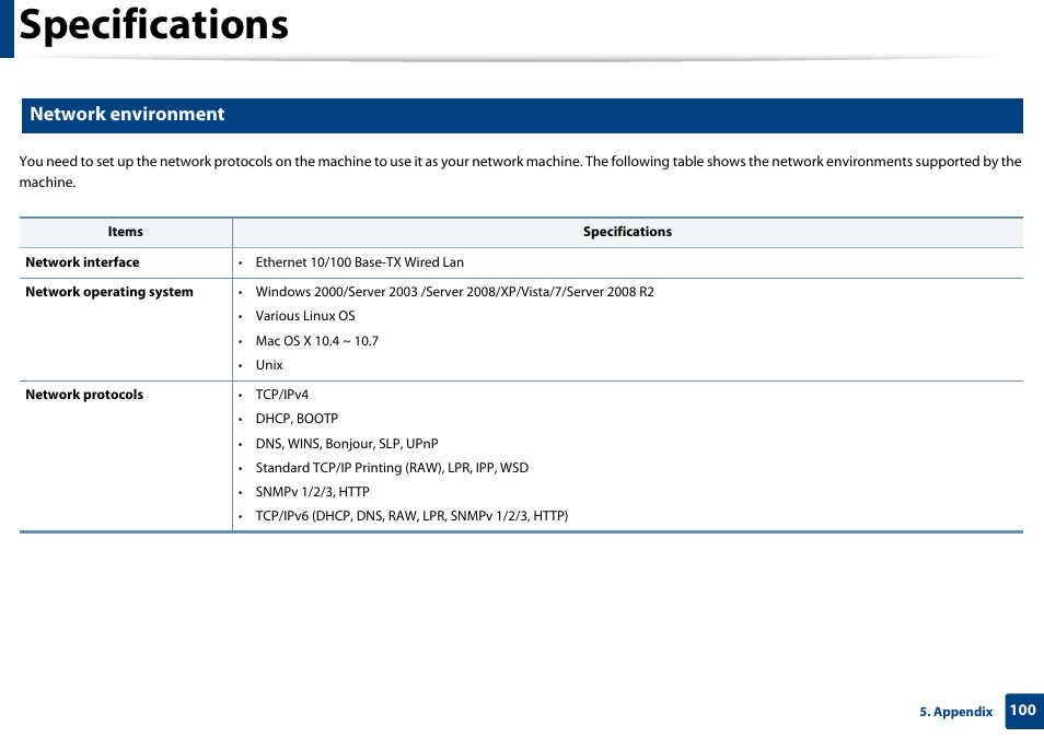 Specifications, Network environment | Dell B1265dnf Mono Laser Printer MFP User Manual | Page 100 / 234