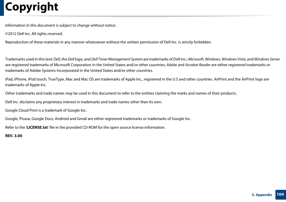 Copyright | Dell B1265dnf Mono Laser Printer MFP User Manual | Page 104 / 234