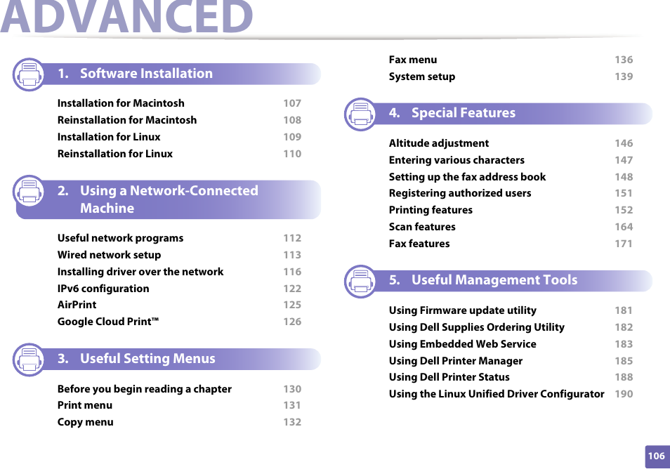 Advanced, Software installation, Using a network-connected machine | Useful setting menus, Special features, Useful management tools | Dell B1265dnf Mono Laser Printer MFP User Manual | Page 106 / 234