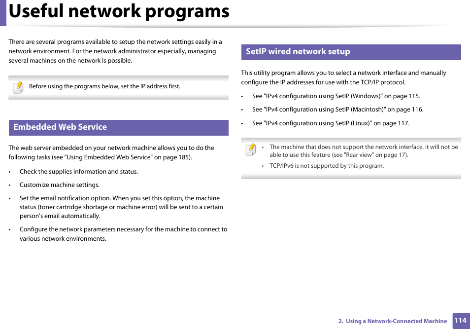 Useful network programs, Embedded web service, Setip wired network setup | Dell B1265dnf Mono Laser Printer MFP User Manual | Page 114 / 234