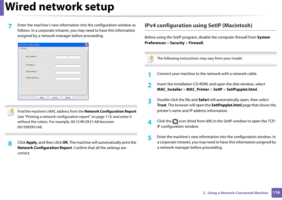 Wired network setup, Ipv4 configuration using setip (macintosh) | Dell B1265dnf Mono Laser Printer MFP User Manual | Page 116 / 234