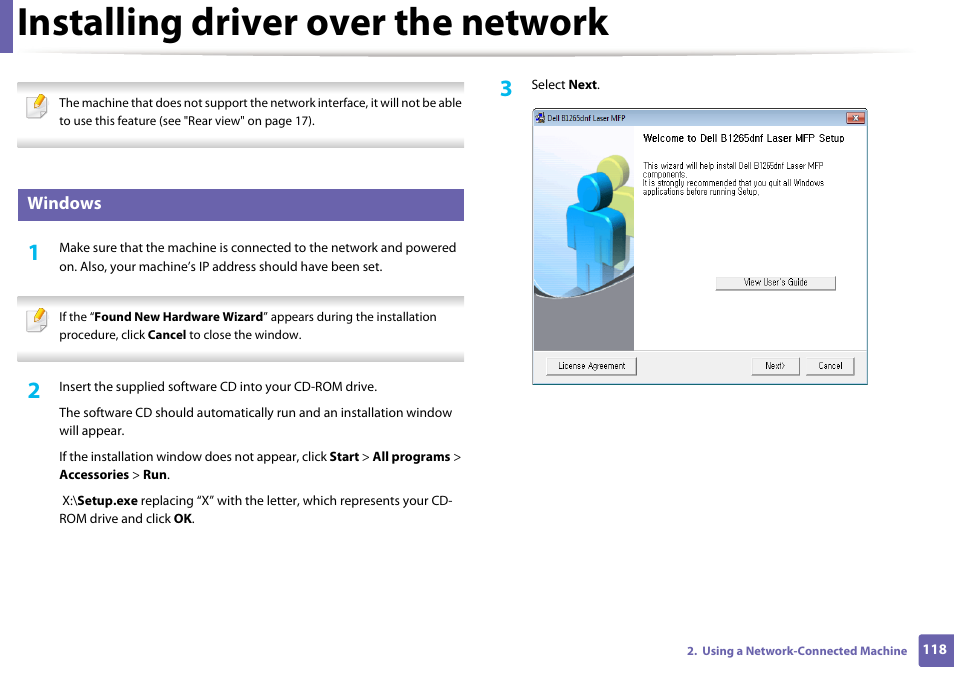Installing driver over the network, Windows | Dell B1265dnf Mono Laser Printer MFP User Manual | Page 118 / 234