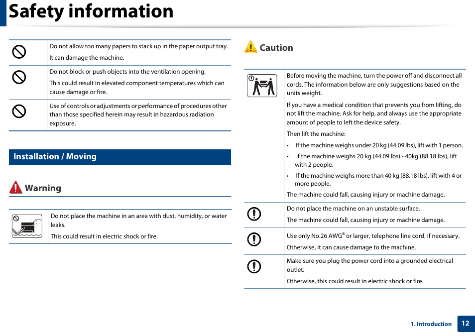 Safety information, Warning caution, Installation / moving | Dell B1265dnf Mono Laser Printer MFP User Manual | Page 12 / 234