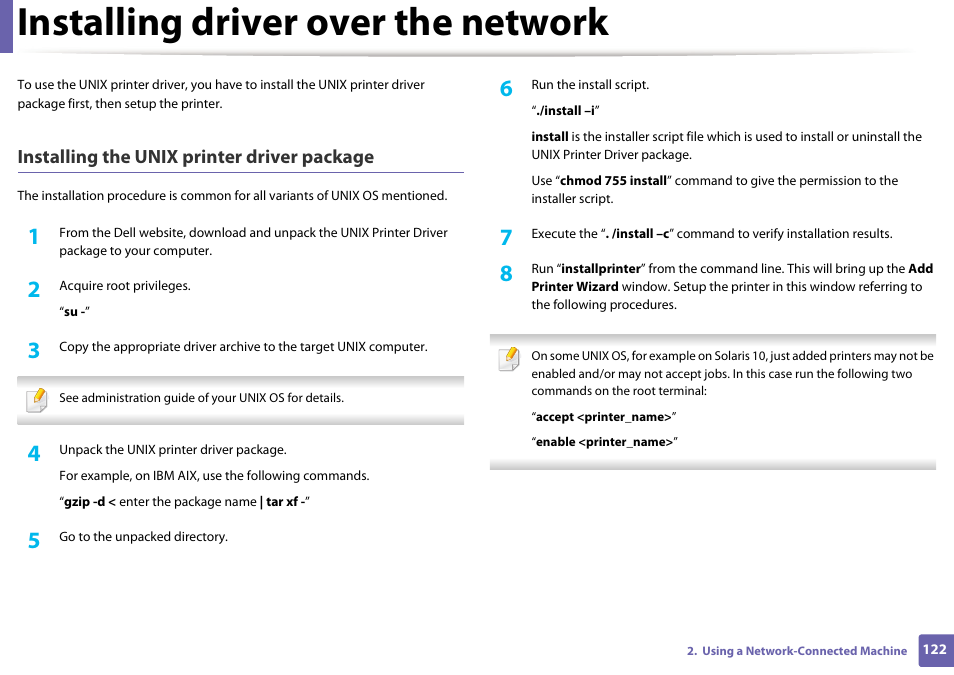 Installing driver over the network, Installing the unix printer driver package | Dell B1265dnf Mono Laser Printer MFP User Manual | Page 122 / 234