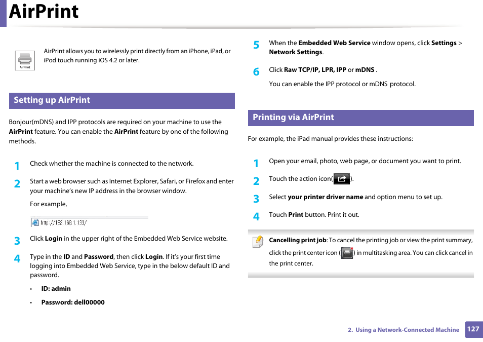 Airprint | Dell B1265dnf Mono Laser Printer MFP User Manual | Page 127 / 234