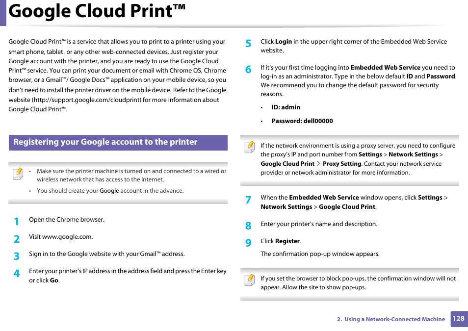 Google cloud print, Registering your google account to the printer | Dell B1265dnf Mono Laser Printer MFP User Manual | Page 128 / 234