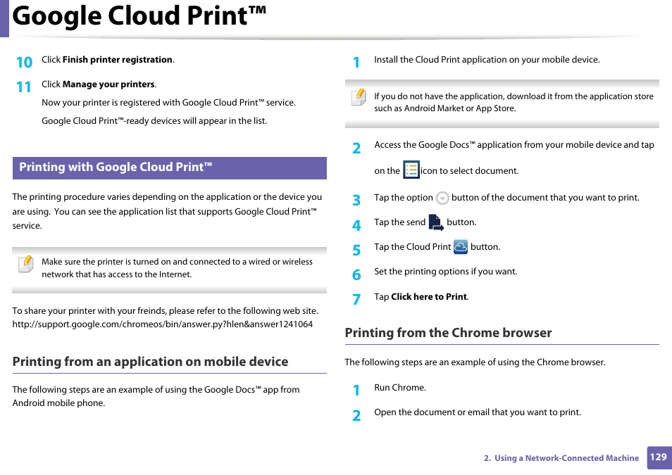 Google cloud print, Printing from an application on mobile device, Printing from the chrome browser | Dell B1265dnf Mono Laser Printer MFP User Manual | Page 129 / 234