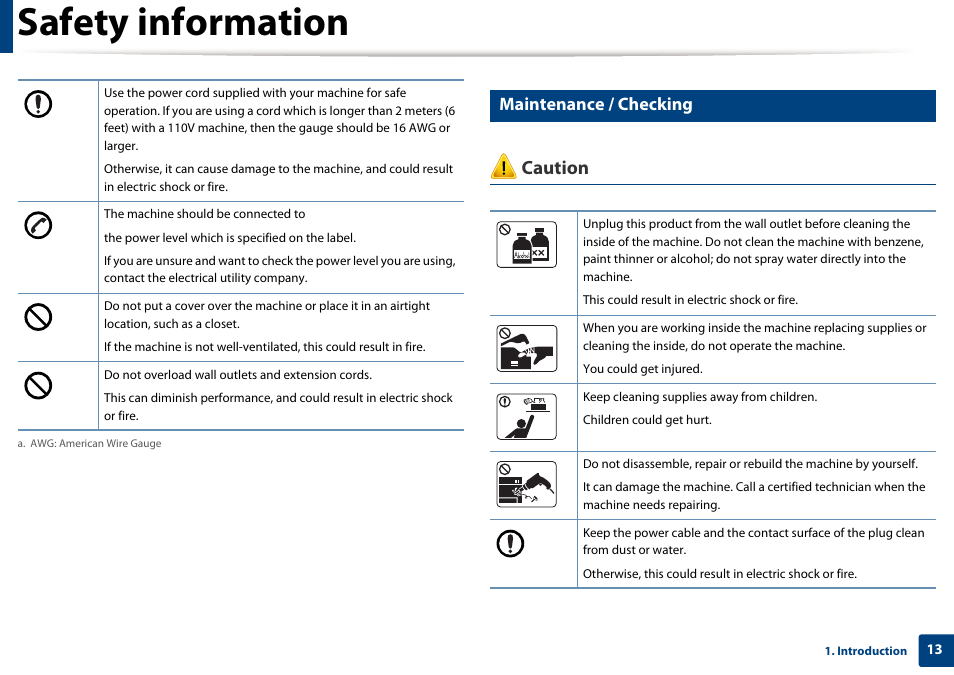 Safety information, Caution, Maintenance / checking | Dell B1265dnf Mono Laser Printer MFP User Manual | Page 13 / 234