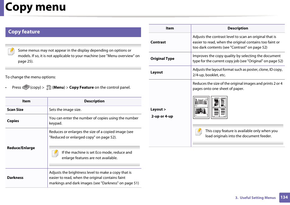 Copy menu, Copy feature | Dell B1265dnf Mono Laser Printer MFP User Manual | Page 134 / 234