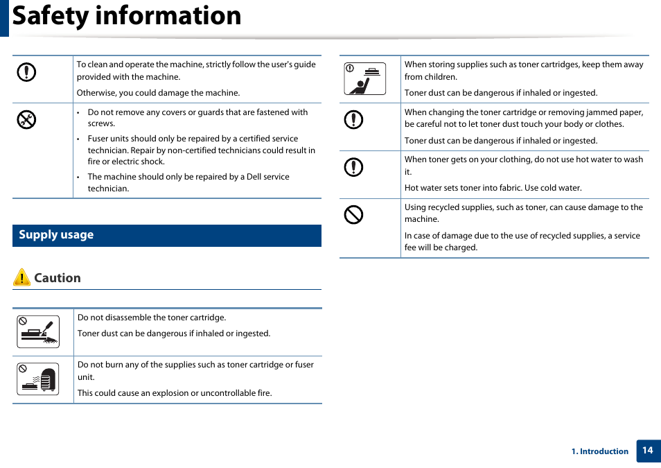 Safety information, Caution, Supply usage | Dell B1265dnf Mono Laser Printer MFP User Manual | Page 14 / 234