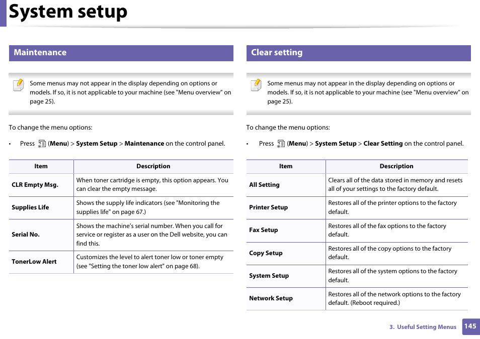 System setup, Maintenance, Clear setting | Dell B1265dnf Mono Laser Printer MFP User Manual | Page 145 / 234