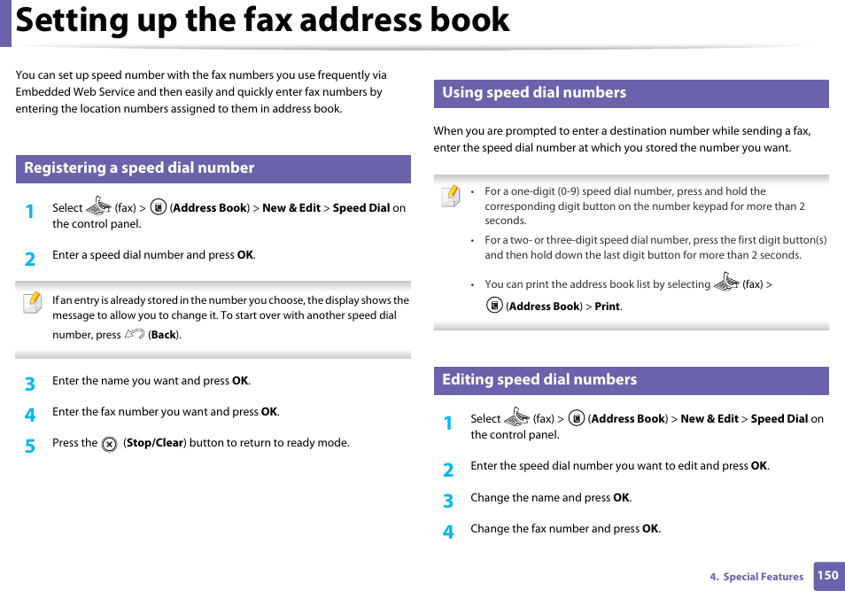 Setting up the fax address book, Registering a speed dial number, Using speed dial numbers | Editing speed dial numbers | Dell B1265dnf Mono Laser Printer MFP User Manual | Page 150 / 234