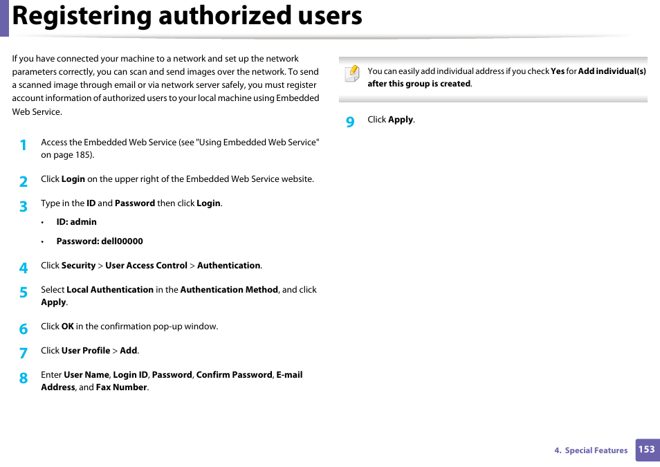 Registering authorized users | Dell B1265dnf Mono Laser Printer MFP User Manual | Page 153 / 234