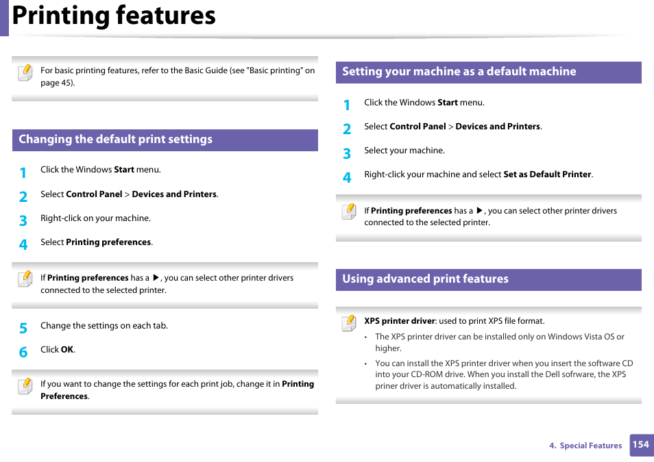 Printing features, Changing the default print settings, Setting your machine as a default machine | Using advanced print features | Dell B1265dnf Mono Laser Printer MFP User Manual | Page 154 / 234