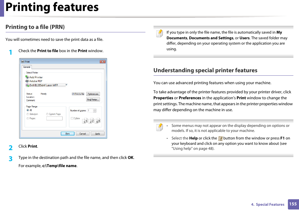 Printing features, Printing to a file (prn), Understanding special printer features | Dell B1265dnf Mono Laser Printer MFP User Manual | Page 155 / 234