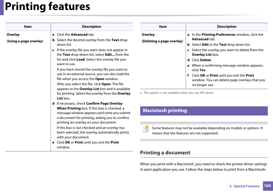 Printing features, Printing a document, Macintosh printing | Dell B1265dnf Mono Laser Printer MFP User Manual | Page 160 / 234