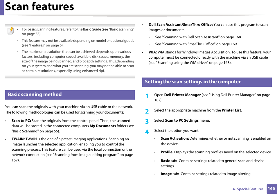 Scan features, Basic scanning method, Setting the scan settings in the computer | Dell B1265dnf Mono Laser Printer MFP User Manual | Page 166 / 234
