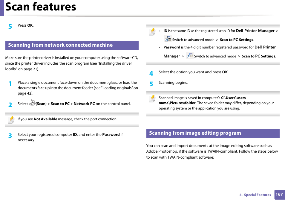 Scan features, Scanning from network connected machine, Scanning from image editing program | Dell B1265dnf Mono Laser Printer MFP User Manual | Page 167 / 234