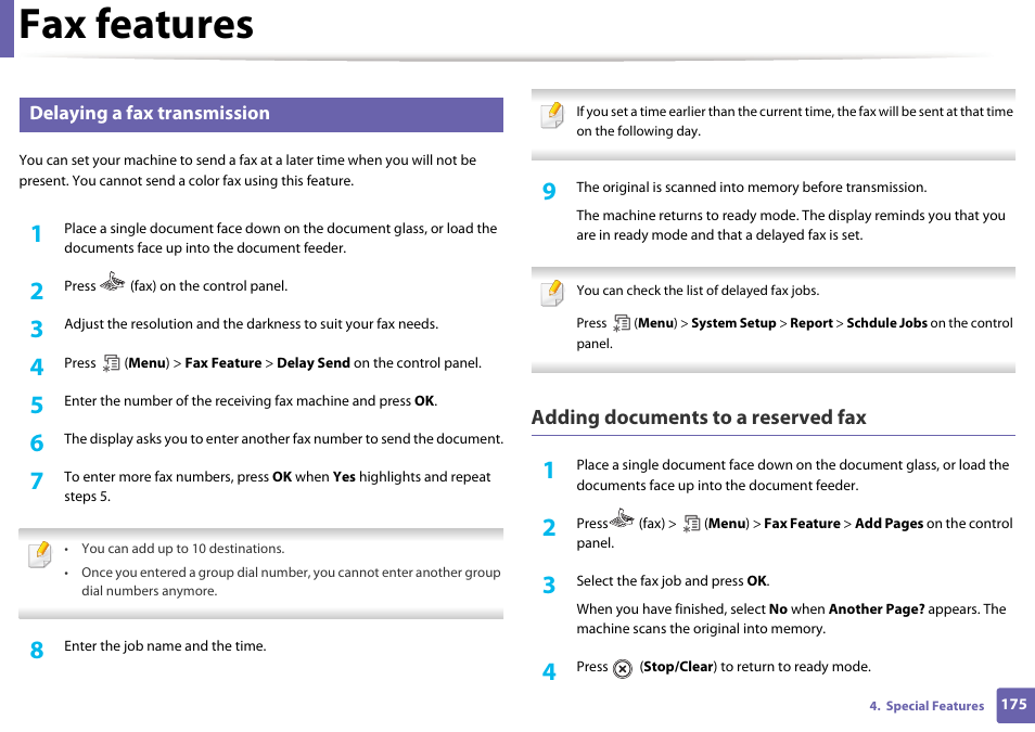 Fax features, Adding documents to a reserved fax, Delaying a fax transmission | Dell B1265dnf Mono Laser Printer MFP User Manual | Page 175 / 234